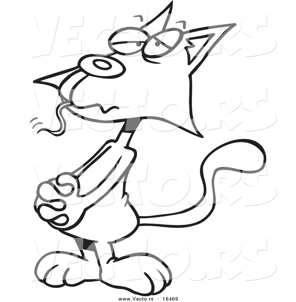 Vector Of A Cartoon Guilty Cat With A Mouse In His Mouth Outlined Coloring Page Drawing By Toonaday
