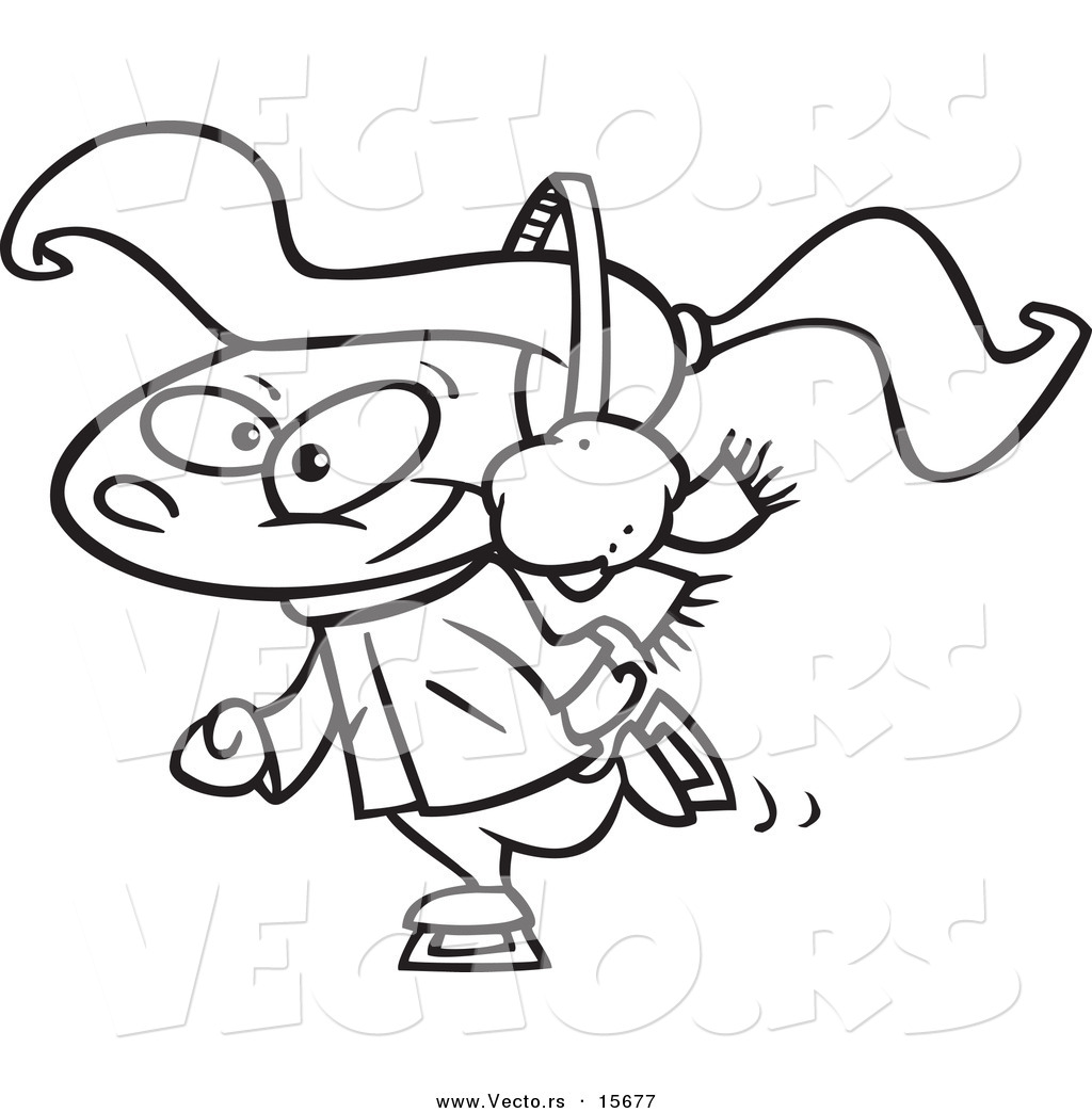 Vector of a Cartoon Happy Ice Skating Girl Coloring Page Outline