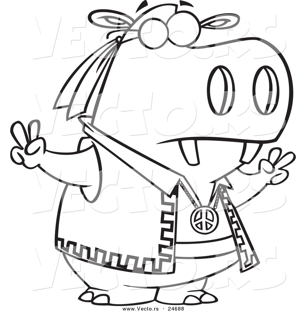 Vector of a Cartoon Hippie Hippo Gesturing Peace Outlined Coloring Page