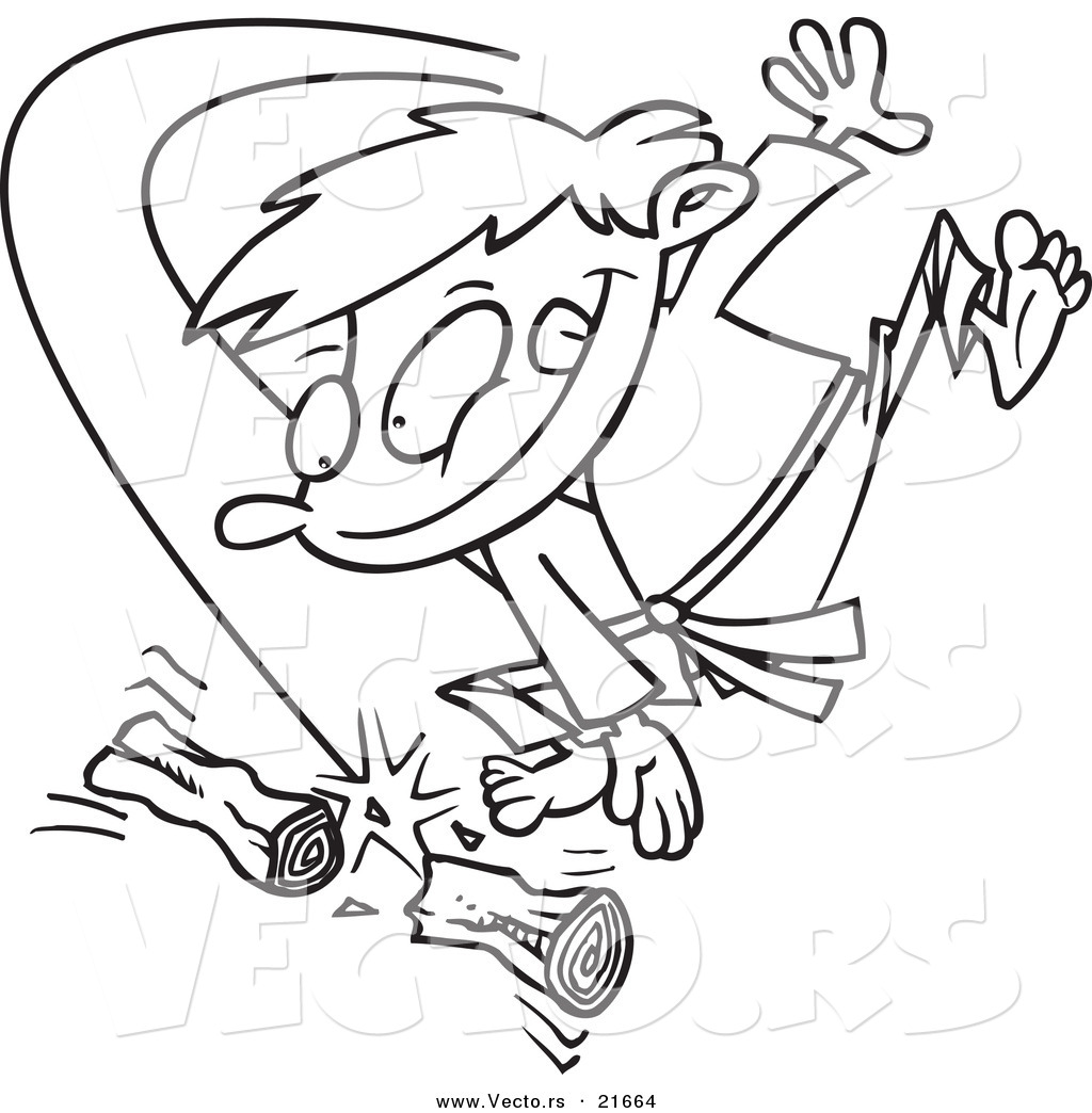 Vector of a Cartoon Karate Boy Chopping Wood Outlined Coloring Page