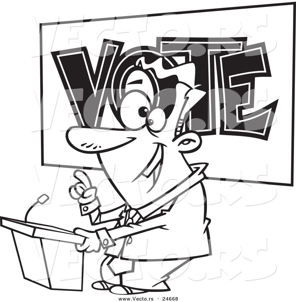 Vector of a Cartoon Male Politician Giving a Speech Before an Election Outlined Coloring Page