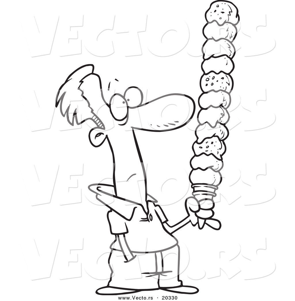 Vector of a Cartoon Man Holding a Huge Ice Cream Cone - Coloring Page