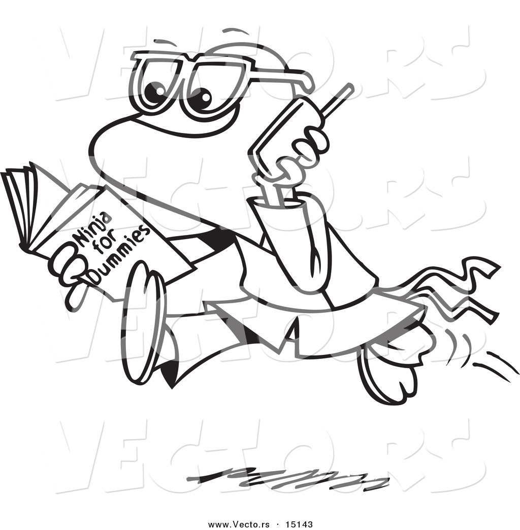 Vector of a Cartoon Man Reading a Ninja for Dummies Book Coloring Page Outline