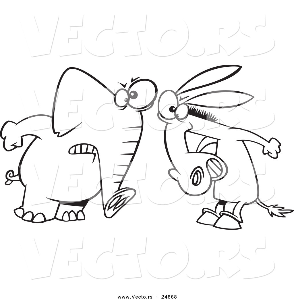 Vector of a Cartoon Opposing Democratic Donkey and Republican Elephant Outlined Coloring Page