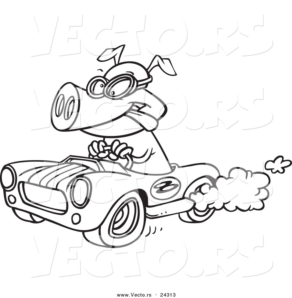 Vector of a Cartoon Pig Racing a Hot Rod Black and White Outline Outlined Coloring