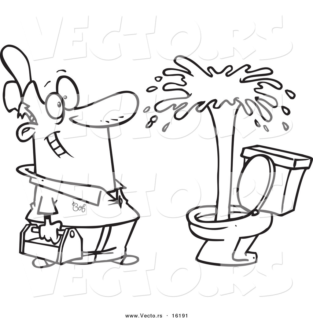 Download Vector of a Cartoon Plumber Admiring a Geyser in a Toilet - Outlined Coloring Page Drawing by ...