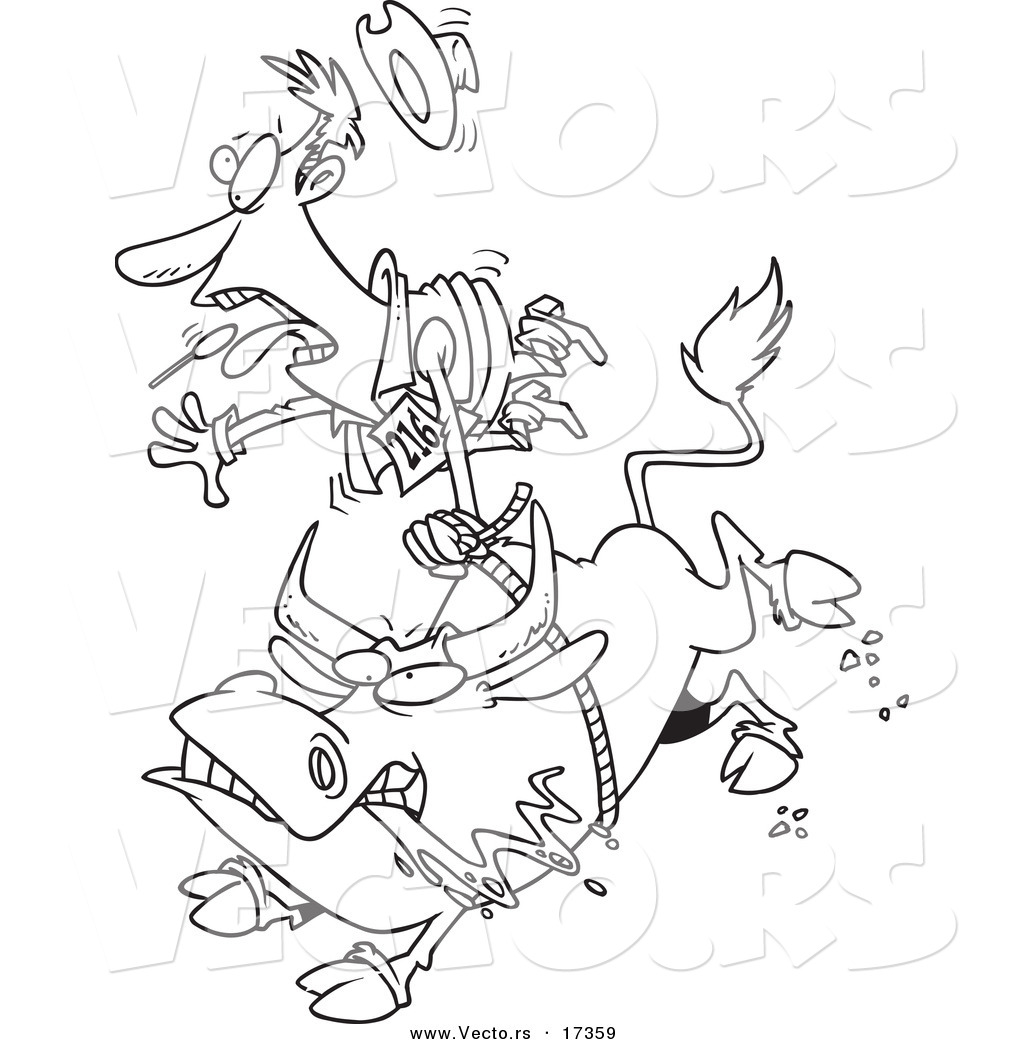 Vector of a Cartoon Rodeo Bull and Cowboy Coloring Page Outline