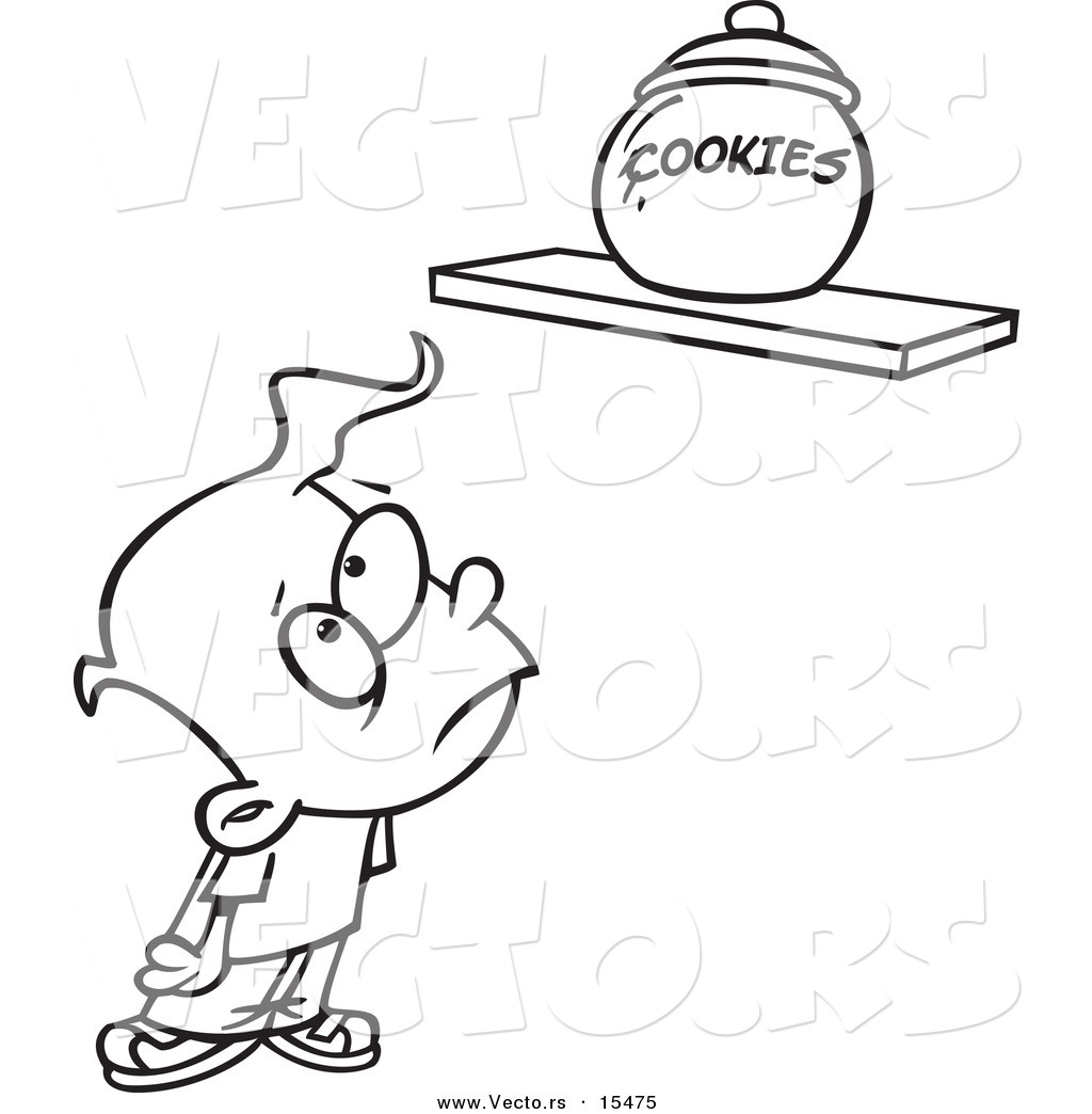 Vector of a Cartoon Sad Kid Staring at a Cookie Jar on a Shelf Coloring