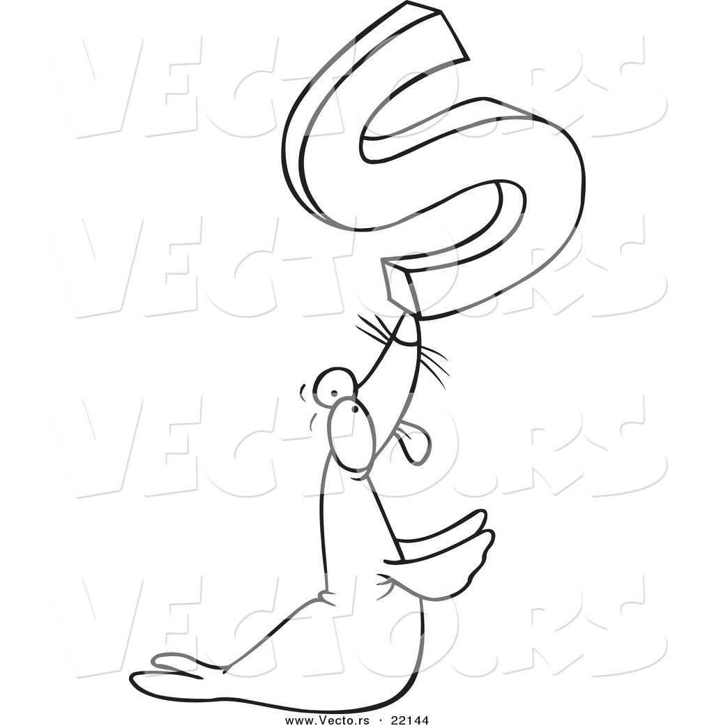 Download Vector of a Cartoon Seal Holding up the Letter S - Outlined Coloring Page by toonaday - #22144