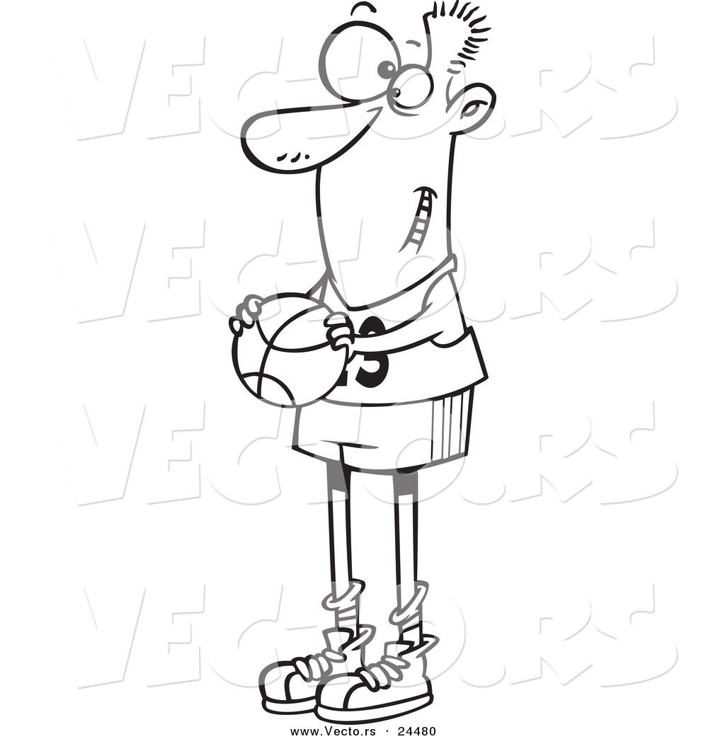 Vector of a Cartoon Skinny Basketball Player Holding a Ball Outlined Coloring Page