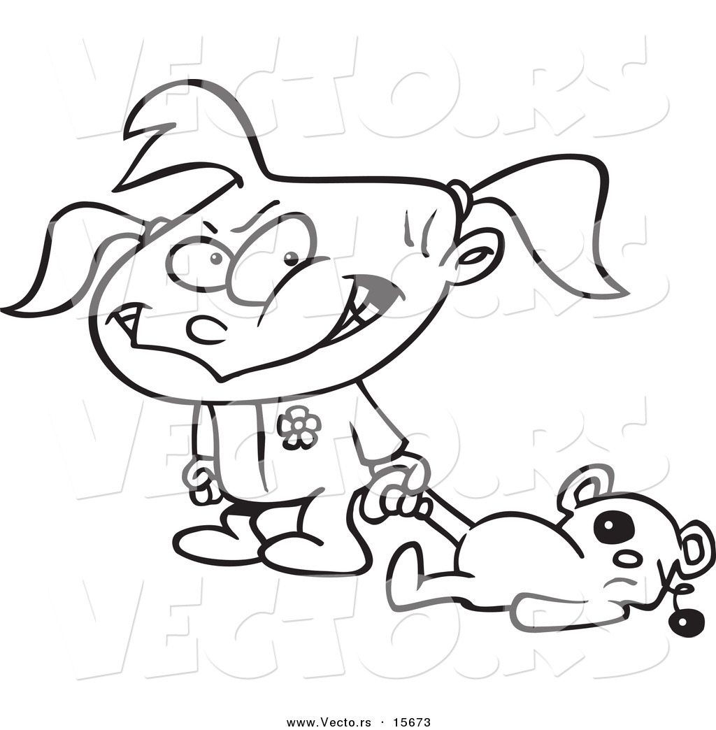 Vector of a Cartoon Terrible Two Year Old Girl Dragging Her Teddy Bear Coloring Page