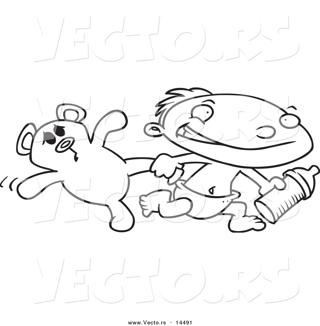 Vector of a Cartoon Toddler Boy Running with a Bottle and Teddy Bear Coloring Page
