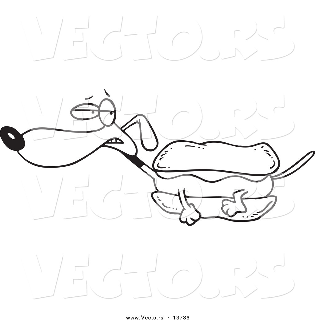 Vector of a Cartoon Weiner Dog with Mustard in a Bun Coloring Page Outline
