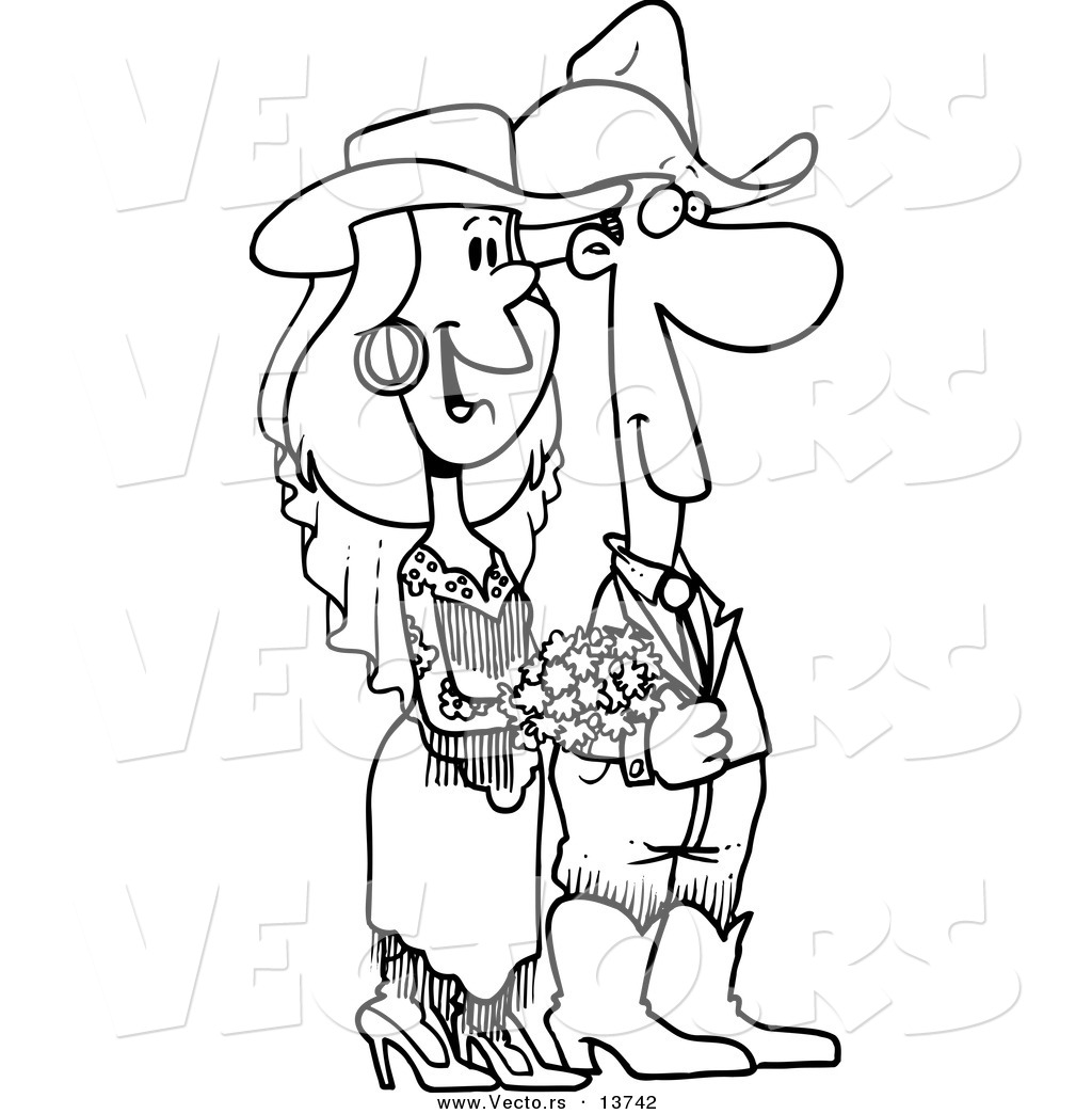 Vector of a Cartoon Western Wedding Couple Coloring Page Outline