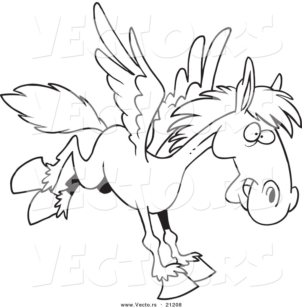 Vector of a Cartoon Winged Horse Flying - Coloring Page Outline by