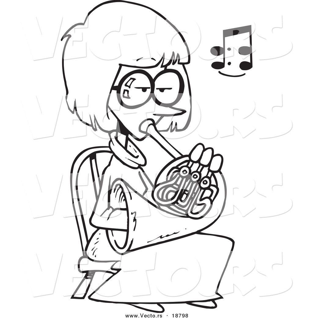 Vector of a Cartoon Woman Playing a French Horn  Outlined Coloring Page by toonaday  18798