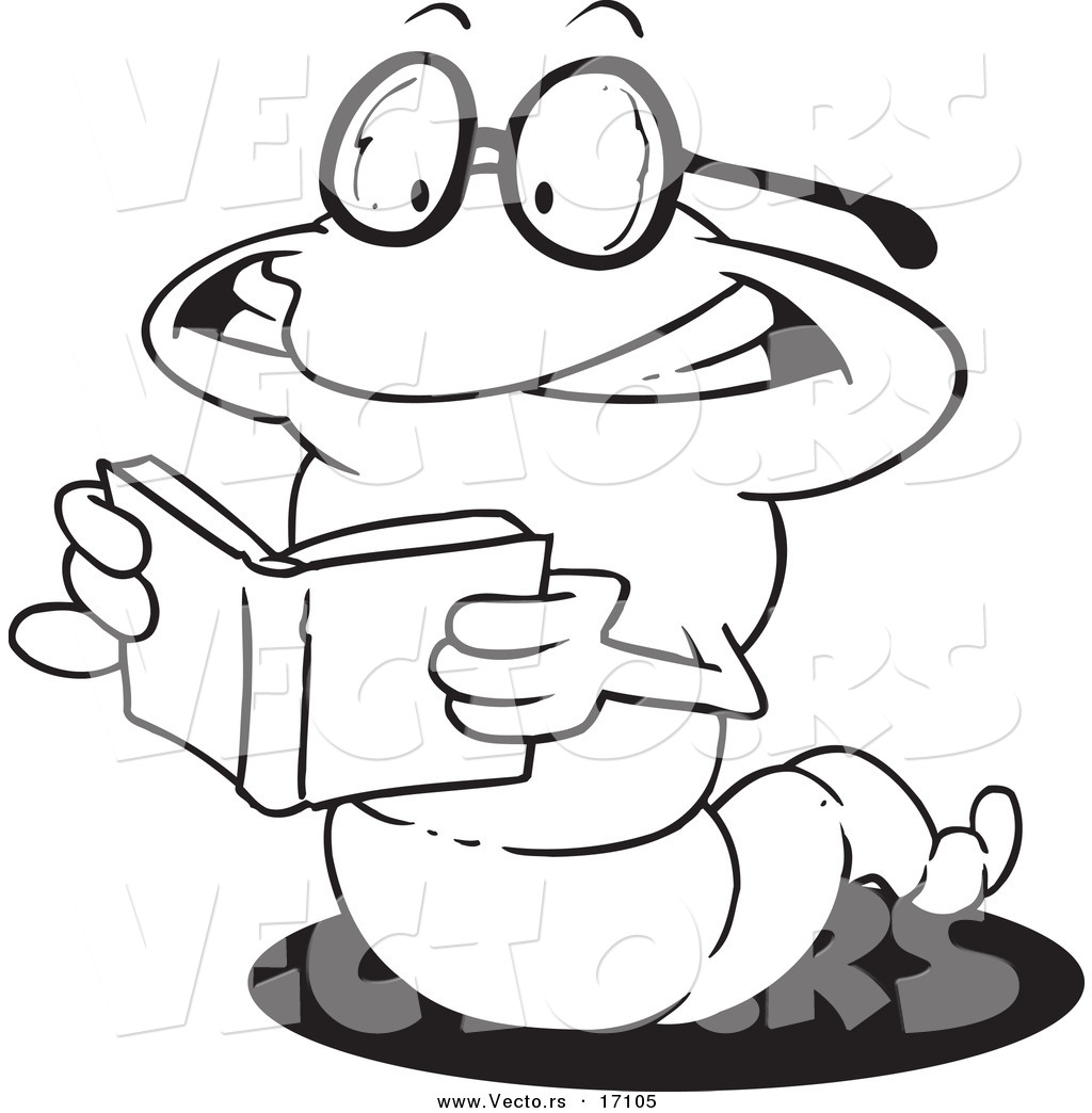 Vector of a Cartoon Worm Reading a Book Coloring Page Outline