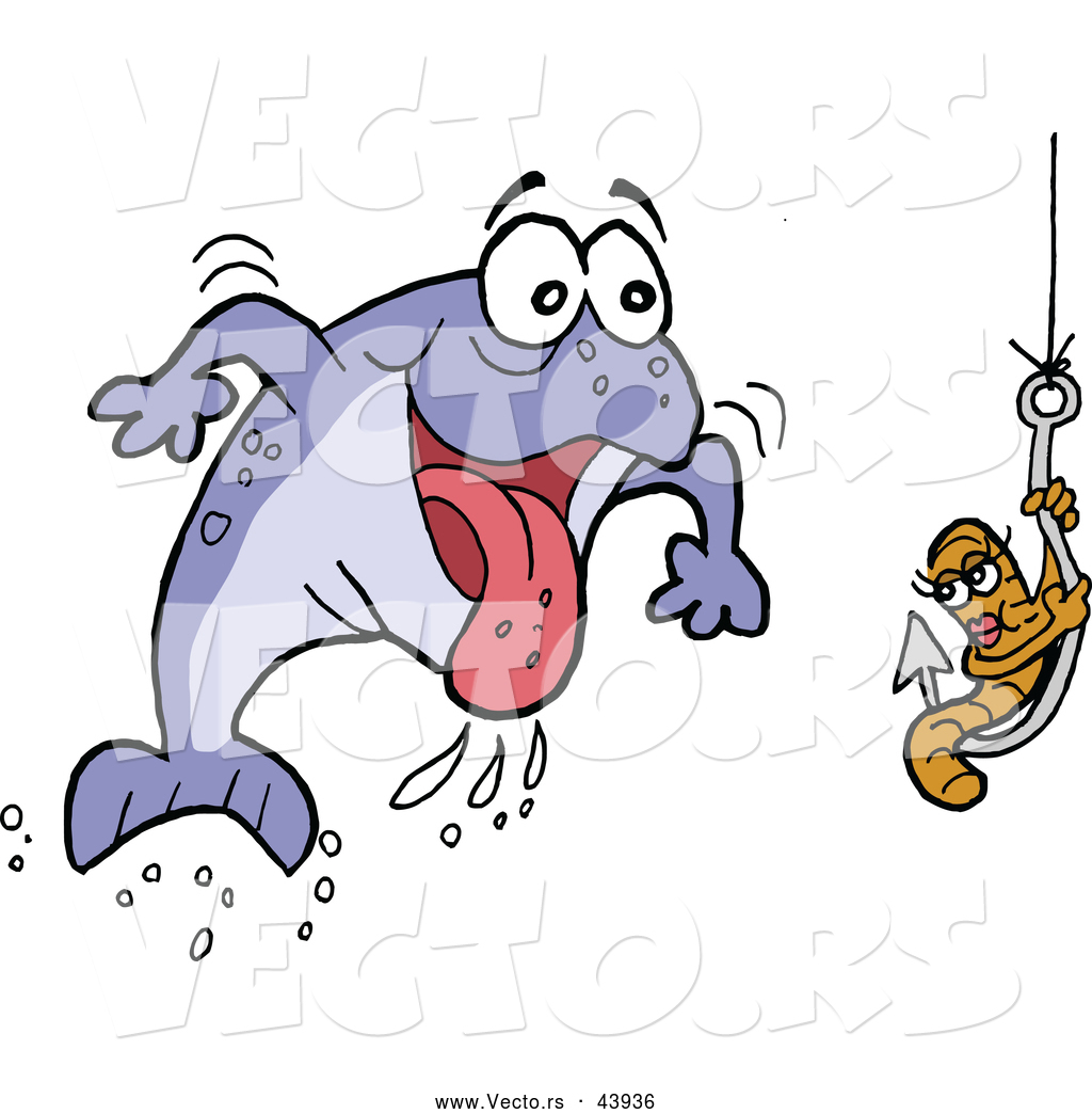 Vector of a Excited Cartoon Male Fish Rushing Towards a Female Worm on a  Hook by LaffToon - #43936