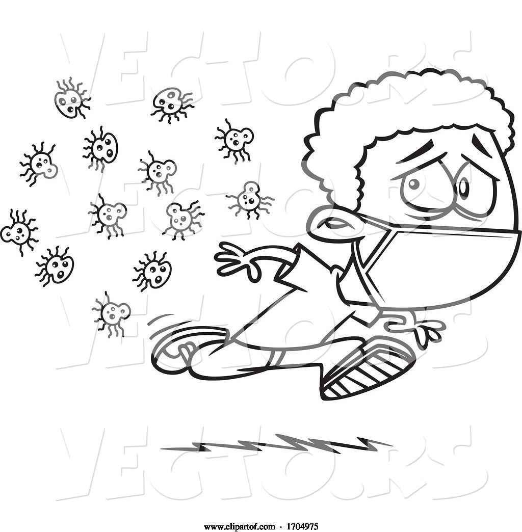 Vector Of Cartoon Clipart Black And White Boy Wearing A Mask And Running From Germs By Toonaday 199377