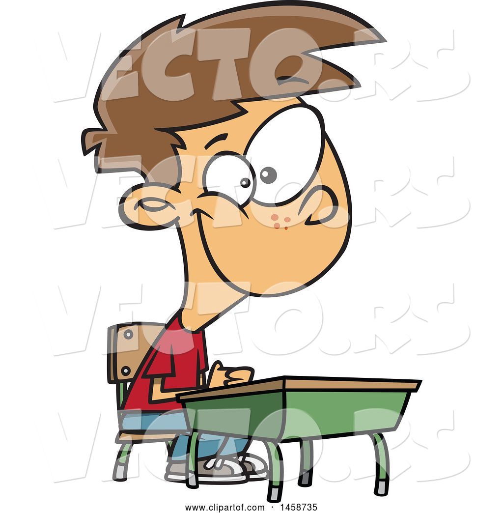 Vector Of Happy Cartoon White Boy Sitting At His School Desk By
