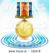 3d Vector of 3d Sports Achievement Gold First Place Award Medal on a Ribbon over Blue Lines and Rays by Merlinul