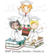Cartoon Vector of 3 Graduating Kids Waving Goodbye While Sitting on Books by BNP Design Studio