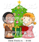 Cartoon Vector of a Boy and Girl Exchanging Gifts on Christmas by BNP Design Studio