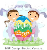 Cartoon Vector of a Boy and Girl with Big Happy Easter Egg by BNP Design Studio