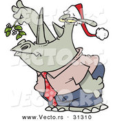 Cartoon Vector of a Business Rhino Holding Mistletoe and Puckering for Kiss by Toonaday