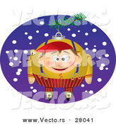Cartoon Vector of a Christmas Elf Ornament Hanging on a Tree Outside with Snow Falling in the Background by Toonaday