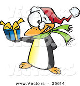Cartoon Vector of a Christmas Penguin Holding Present by Toonaday