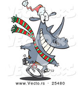Cartoon Vector of a Christmas Rhino Riding a Unicycle and Wearing a Santa Hat by Toonaday
