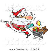 Cartoon Vector of a Energetic Santa Running with a Shopping Cart Full of Toys for Christmas Gifts by Toonaday