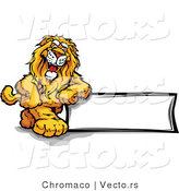 Cartoon Vector of a Friendly Lion Mascot Leaning on Blank Sign by Chromaco