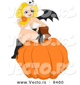 Cartoon Vector of a Halloween Bat Wing Pinup Girl with a Lolipop Sitting on a Pumpkin by BNP Design Studio