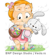 Cartoon Vector of a Happy Baby Girl Carrying a Basket of Eggs and a Rabbit by BNP Design Studio