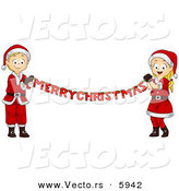 Cartoon Vector of a Happy Boy and Girl Holding out a Merry Christmas Banner by BNP Design Studio