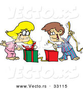 Cartoon Vector of a Happy Boy and Girl Opening Christmas Presents by Toonaday