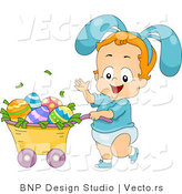 Cartoon Vector of a Happy Boy Pushing Cart Full of Easter Eggs by BNP Design Studio