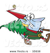 Cartoon Vector of a Happy Christmas Elf Carrying Christmas Tree over His Shoulder by Toonaday