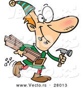 Cartoon Vector of a Happy Christmas Elf Carrying Wood and a Hammer with Nails by Toonaday