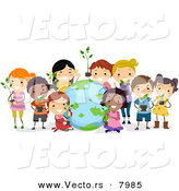 Cartoon Vector of a Happy Diverse Students Holding Potted Plants Beside a Globe by BNP Design Studio