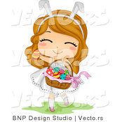 Cartoon Vector of a Happy Easter Girl Carrying Basket Full of Eggs by BNP Design Studio