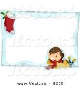 Cartoon Vector of a Happy Girl and Stocking Composited on a Blank Snow Frame for Christmas by BNP Design Studio