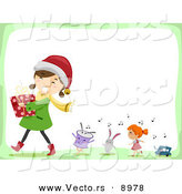 Cartoon Vector of a Happy Girl Carrying a Present Followed by Singing Toys on Christmas by BNP Design Studio