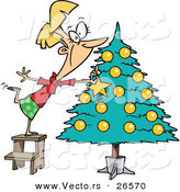Cartoon Vector of a Happy Girl Decorating a Christmas Tree by Toonaday