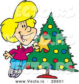 Cartoon Vector of a Happy Girl Decorating a Christmas Tree with a Gold Star by Toonaday