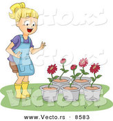 Cartoon Vector of a Happy Girl Looking at 5 Potted Red Flowers by BNP Design Studio