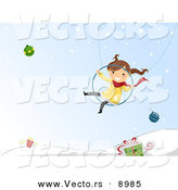Cartoon Vector of a Happy Girl Swinging over Winter Background with Baubles and Gifts by BNP Design Studio