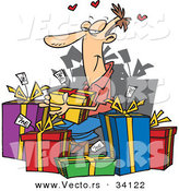 Cartoon Vector of a Happy Guy Giving Himself Lots of Presents by Toonaday